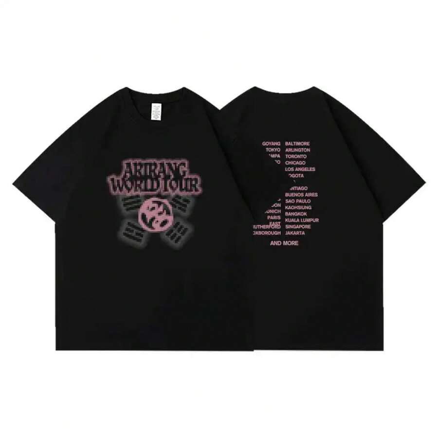 World Tour Vintage T-Shirt, Korean Traditional Symbol Graphic Tee, Double-Sided Printed Oversized Cotton T-Shirt For K-Culture Fans - 5 - View 1