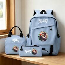 Miniso Demon Slayer 3PCS Backpack Set, Tanjiro Kamado Printed Casual School Backpack Combo With Tote Bag & Pencil Pouch For Students - Blue - View 6