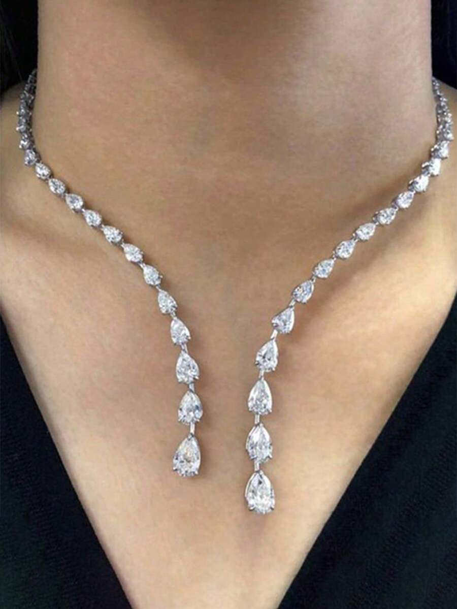 1 chiếc vòng cổ choker điều chỉnh được hình lá lấp lánh sang trọng thời trang, phụ kiện váy dạ tiệc - Những giọt nước bạc - Xem 1