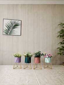 1pc/Set Creative Metal Plant Pot With Gold Geometric Stand, Vintage Style Succulent Planter, Large Desktop Flower Pot, Suitable For Balcony, Living Room, Office, Home Garden Decoration - Multiple Styles - View 6