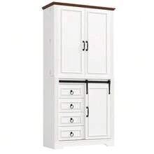 Tall Cabinet With Anti-Tip System And Side Shelf For Snacks, Soft-Close Mechanism, Freestanding Kitchen Unit With 4 Drawers And Adjustable Shelves, Original Handle, White - White - View 8