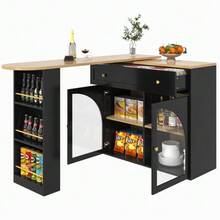 Extendable Bar Table With Storage (138-204*39*104cm), 360° Swivel Bar, Modern Mobile Bar Table, High Kitchen/Bistro Island Table, Sideboard With Shelves And Glass Doors, Black - Black - View 1