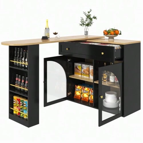 Extendable Bar Table With Storage (138-204*39*104cm), 360° Swivel Bar, Modern Mobile Bar Table, High Kitchen/Bistro Island Table, Sideboard With Shelves And Glass Doors, Black - Black - View 1