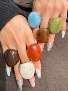6pcs/Set Vintage Exaggerated Oval Wide Face Oversized Resin Ring Set, Colorful Dual-Tone Tie Dye Thick Chunky Women's Rings, Fashion Charm Jewelry - Multicolor - View 6