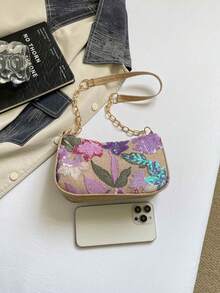 Mini Minimalist Chain Strap Solid Color Floral Pattern Shoulder Bag (Floral Position Randomly Varies) - Purple - View 8