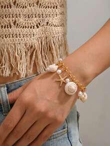 Ein einfaches und modisches Perlen-Muschel-Anhänger-Armband mit europäischem und amerikanischem Meeresstil-Muschelmuster - Stil 1 - Übersicht 2