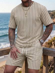 Men's Summer Striped Crew Neck Casual T-Shirt And Casual Shorts Beach Set - Light Grey - View 2