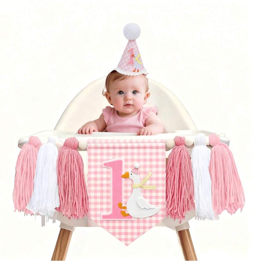 1套 1歲生日粉色格紋風帽子與橫幅套裝,鵝主題1歲生日裝飾,男孩女孩通用首週年生日裝飾,適合嬰兒1歲生日佈置、男孩生日裝飾、粉色主題生日裝飾、生日拍照道具 - 粉色 - 查看 1