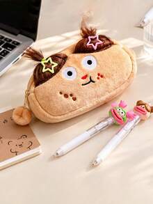 3pcs Cute Face Plush Zipper Pencil Case Set, With 2 Random Color Neutral Pens, Soft Pencil Pouch, Creative School Office Stationery, Back To School - Multicolor - View 5