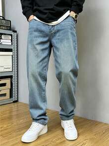 Men's Washed Embroidered Denim Pants Are Comfortable And Versatile For Daily Wear, Suitable For All Seasons, Back To School, Party Gatherings - Medium Wash - View 3