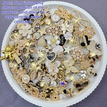 各式金色水钻鞋饰，包括星星、花朵、动物图案，闪亮DIY鞋饰，适用于花园鞋、凉鞋，可拆卸树脂装饰，节日礼物 - 金色 - 查看 3