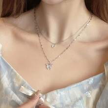 1PC Gold/Silver Color Optional Double Layer Fine Chain Butterfly Collarbone Necklace, Water-Resistant Non-Fading Neck Chain, Suitable For Tropical Vacation, Island Travel, Soft Style Outfits, Date Looks, Christmas Eve / Friendship Gift / Birthday Gift, Unisex Versatile Jewelry - Multicolor - View 7