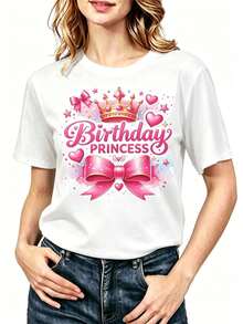 Camiseta de cuello redondo con gráfico de lazo rosa y corona "Princesa de cumpleaños" - Blanco - Ver 1