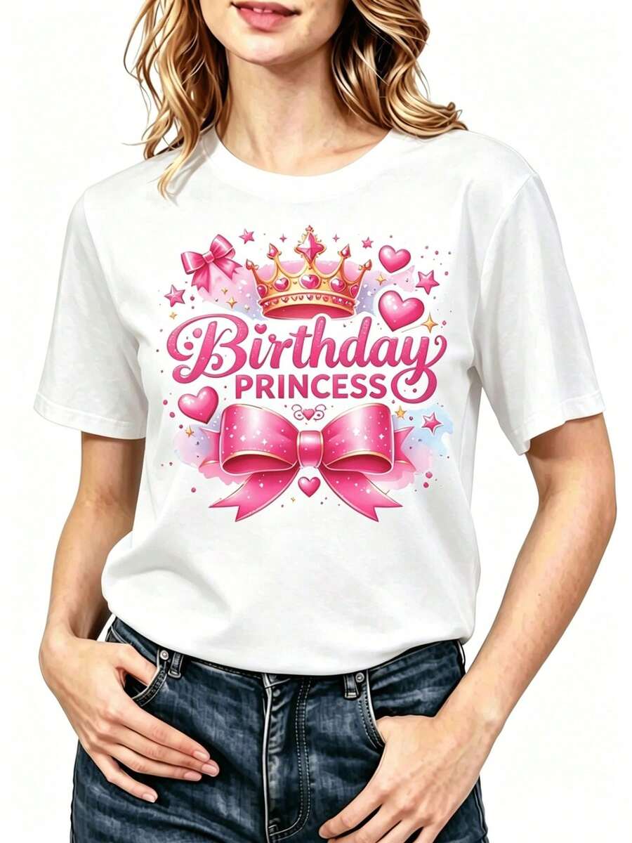 Camiseta de cuello redondo con gráfico de lazo rosa y corona "Princesa de cumpleaños" - Blanco - Ver 1
