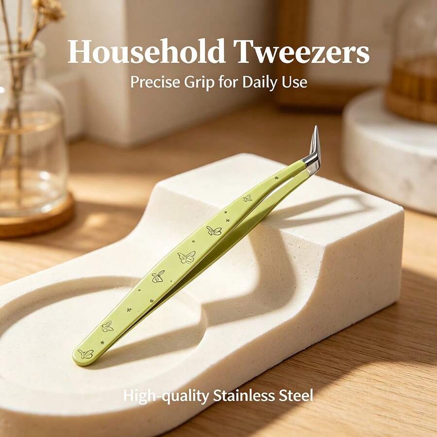 Precision Tweezers Set, Stainless Steel Straight & Curved Tip Tweezers With Cute Green Butterfly Print, Multi-Purpose Tweezers For Eyelash Extensions, Crafting, Jewelry Making, Beauty & Home Use - 1PC - View 1