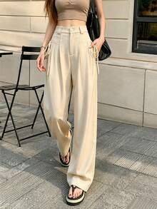 Casual Plain Color Straight High-Waist Slim Loose Suit Pants Spring - Apricot - View 2