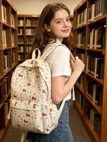 1 buc. rucsac casual drăguț stil universitar cu imprimeu cățeluș, ușor, cu fermoar, geantă școlară de zi cu zi, capacitate mare, cu compartiment pentru laptop, rucsac casual pentru cărți, potrivit pentru studenți/absolvenți/tineri, perfect pentru întoarcerea la școală/utilizare zilnică/cumpărături/călătorii scurte și activități de timp liber în aer liber - Multicolor - Vizualizare 2