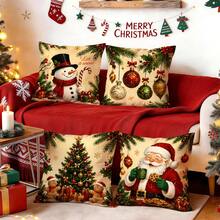 4pcs/1pc Santa Claus And Snowman Pattern Pillowcase Without Insert, Single-Sided Printed Pillowcase, Suitable For Living Room Bedroom Home Decor, All-Season Pillowcase - Multicolor - View 2