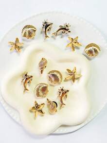 20件金色海洋系列鞋飾（海星、棕櫚樹、貝殼、海螺、愛心），適用於穿孔拖鞋DIY裝飾配件，生日派對與節日禮物首選 - 金 色 - 查看 5