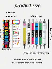 12pcs-Thank You Back To School Gift, Rainbow Welcome Back To School Bookmarks And Glitter Ballpoint Pens, Colorful Reading Markers, Crayon Pencil Design Ballpoint Pens, Teacher Classroom Supplies, First Day Of School, Back To School, Reading Rewards, Student Stationery, School Party Small Gifts - Multicolor - View 9