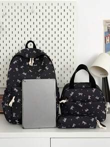 3pcs Nylon Bowknot Print Backpack Set, Foldable Multi-Pocket Large Capacity Zipper Backpack, Suitable For Teenagers And High School Students - Black - View 2