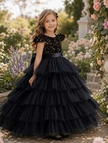 KAFEIBEI Young Girl Princess Dress, Luxurious Bow V-Neck Sequin Mesh Fluffy Long Skirt, Wedding Princess Party Dress, Suitable For Graduation Prom And Formal Occasions - Black - View 3