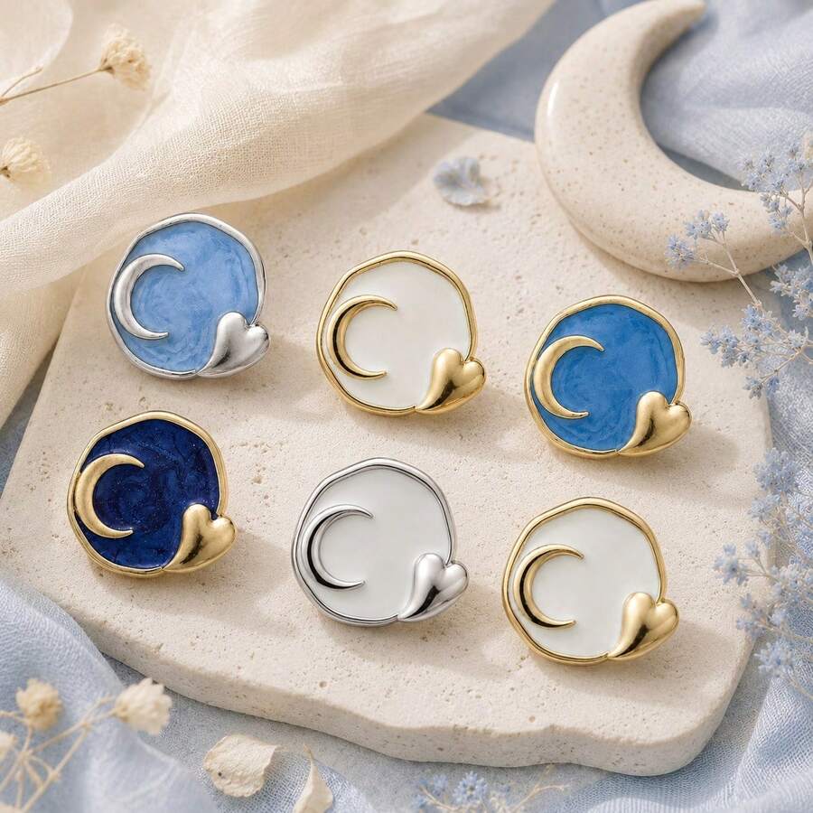 10pcs Moon Design Metal Shank Buttons, Blue Enamel Silver Tone Decorative Buttons, Suitable For Coats, Cardigans, Shirts, Dresses, DIY Sewing And Clothing Accessories