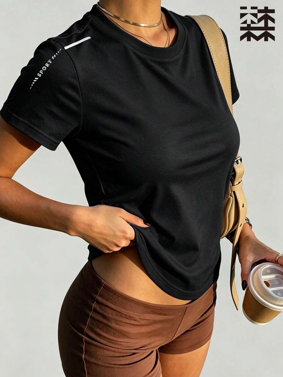 mulinsen 女款快乾網眼運動短袖上衣,極簡 SPORT 字母印花圓領修身健身 T-shirt - 黑色 - 查看 1
