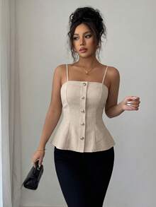 abyoxi Damen-Camisole in Apricot mit Spaghettiträgern, einreihiger Knopfleiste, geraffter Taille und Rüschensaum, lässig, minimalistisch, für Büro, Pendeln und Alltag im Sommer - Aprikosenfarben - Übersicht 3