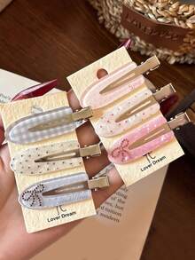 6pcs/Set Plaid Heart-Shaped Rhinestone Hair Clips, Cute No-Crease Bangs Side Hair Clips, Sweet Women's Daily Hairstyle Decoration Hair Accessories Set (No Card Packaging) - Multicolor - View 6