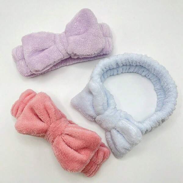3pcs/Set Women's Solid Color Plush Bow Headband Set, Simple Versatile, Home Casual, Face Washing, Makeup, Highly Absorbent, Sports, Multi-Functional Headband
