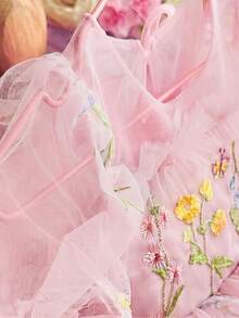 女嬰刺繡花瓣袖鏤空背網紗公主裙，適合女孩生日派對、花童婚禮、重要場合、節日慶祝禮服 - 淺粉色 - 查看 6