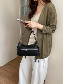 1 pieza Bolso bandolera de moda para mujer, tela de cuero PU de unicolor, bolso de hombro con forma de media luna para mujer, decoración con cremallera, correa de hombro ajustable, adecuado para viajes, fiestas, desplazamientos y otras ocasiones. Regalo para mujer, compras, trabajo, citas, oficina - Negro - Ver 11