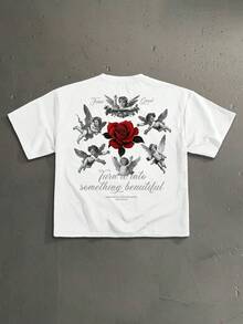 Manfinity LEGND Men's Floral Handwritten Font Print Casual Loose Fit Short Sleeve T-Shirt, Dating And Meeting Essential,  Couple Gift For Boyfriend - 白色 4 - 查看 1