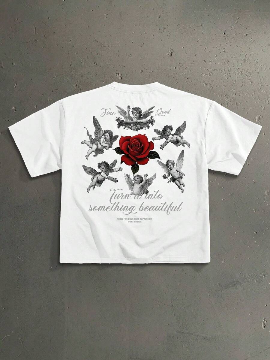 Manfinity LEGND Men's Floral Handwritten Font Print Casual Loose Fit Short Sleeve T-Shirt, Dating And Meeting Essential, Couple Gift For Boyfriend - 白色 4 - 查看 1