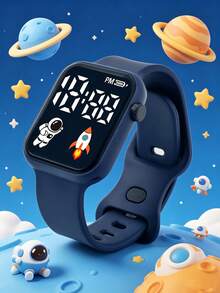 4pcs/Set Kids' Favorite Square Electronic Watch With Rocket Astronaut Pattern, LED Screen, TPU Material, Casual Sports Watch Suitable For Daily Life, Gift, Birthday, Back To School Season - Multicolor - View 4