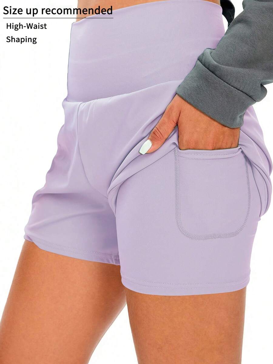 1pc Women Solid Color 2 In 1 Pocket Tight & Lift Sports Shorts, Comfortable & Versatile Nylon Shark Skin Tennis Shorts For Summer - 淡紫色 - 查看 1