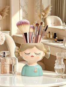 1pc Kawaii Resin Girl Head Makeup Organizer, Decorative Brush Storage Cup, Aesthetic Vanity Desk Accessory, Multi-Functional Holder For Pens & Lipsticks, Nordic Style Room Decor, Cute Gift For Girls,Makeup Organizer,Room Decor - Multicolor - View 2