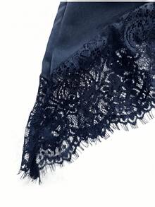 Sexy Fashionable Versatile Halter Neck Lace Patchwork Asymmetric Camisole, New Spring/Summer Design, Satin Material Casual - Navy Blue - View 5