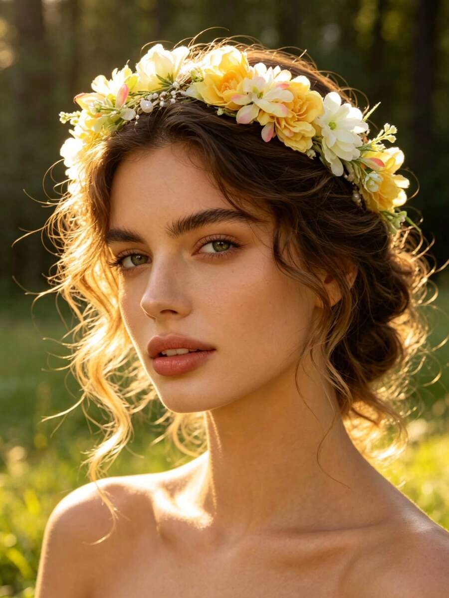 1pc Bohemian Pastoral Style Fresh Warm Yellow Flower Wreath, Personalized Bridal Updo Wedding Accessory - Multicolor - View 1