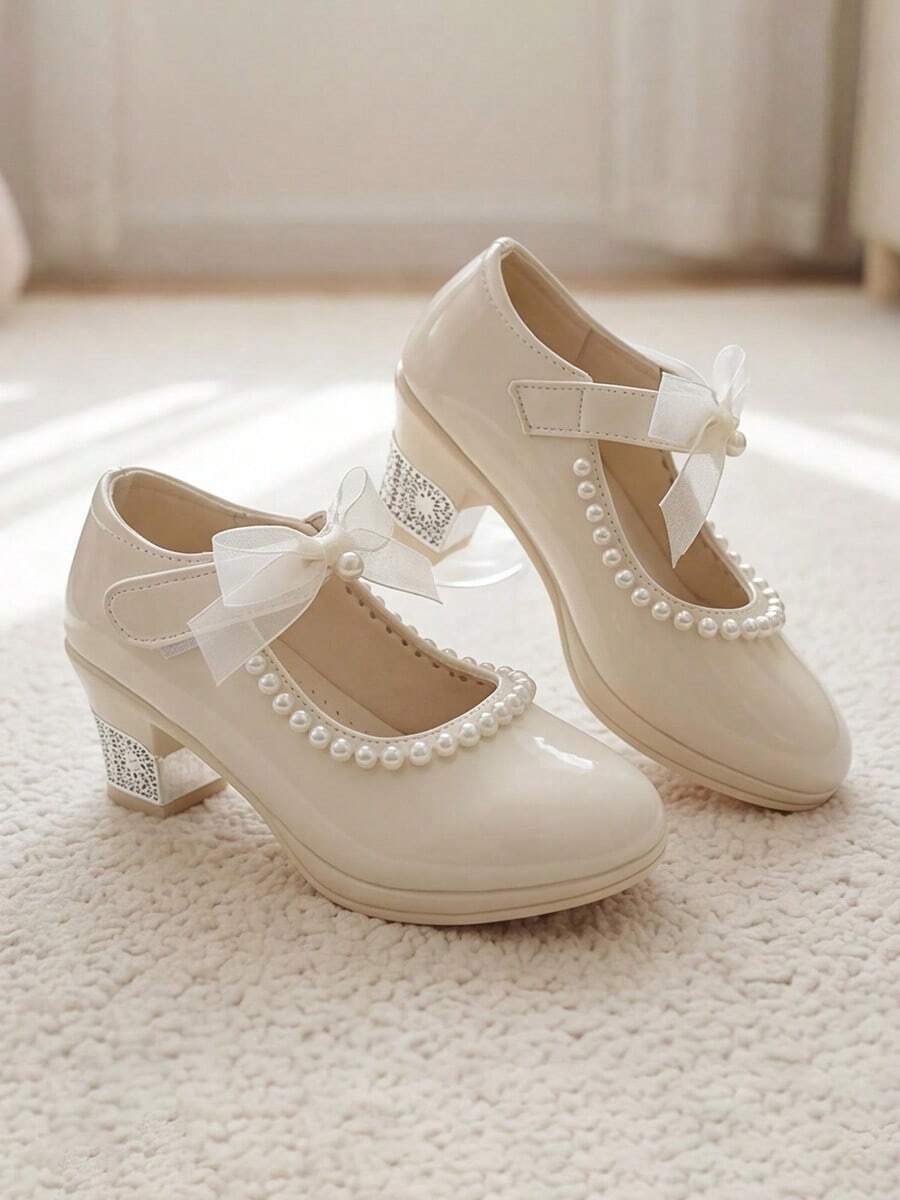Best Seller - 3-12 Years Old Girls Light White High Heels, Glossy Pearl Trim, Mesh Bow, Gentle And Exquisite Style - Beige - View 1