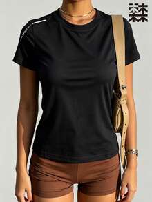 mulinsen 女款快乾網眼運動短袖上衣，極簡 SPORT 字母印花圓領修身健身 T-shirt - 黑色 - 查看 5