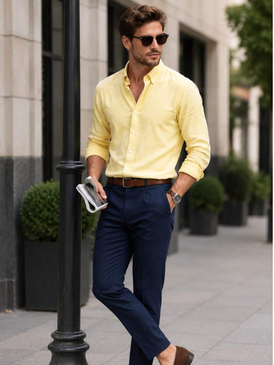 100% Cotton Linen, Breathable, Lightweight, Button-Down Collar, Men's Linen Shirt - Kuning - View 1