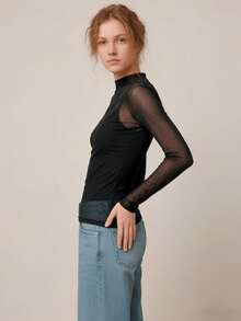 Blusa Segunda Pele Feminina Tule Transparente Manga Longa Gola Alta Ajustada Moda Blogueira Elegante - Preto - Visão 2