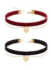 1pc Women's Fashion Vintage Court Style Choker Heart Pearl Velvet Chain Personalized Neck Chain Collar Necklace - Multicolor - View 7