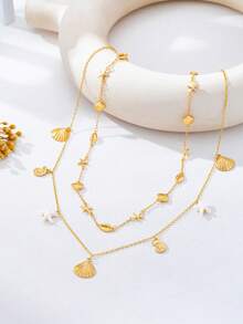 2 piezas Cadena de cintura estilo bohemio de vacaciones serie océano con conchas, estrellas de mar y caracoles para mujeres - Amarillo Oro - Ver 3