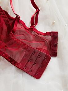 Women's Burgundy Floral Embroidered 2-Piece Lingerie Set, Sheer Bra And Thong, Romantic Date Night Sleepwear - Burgundy - View 8