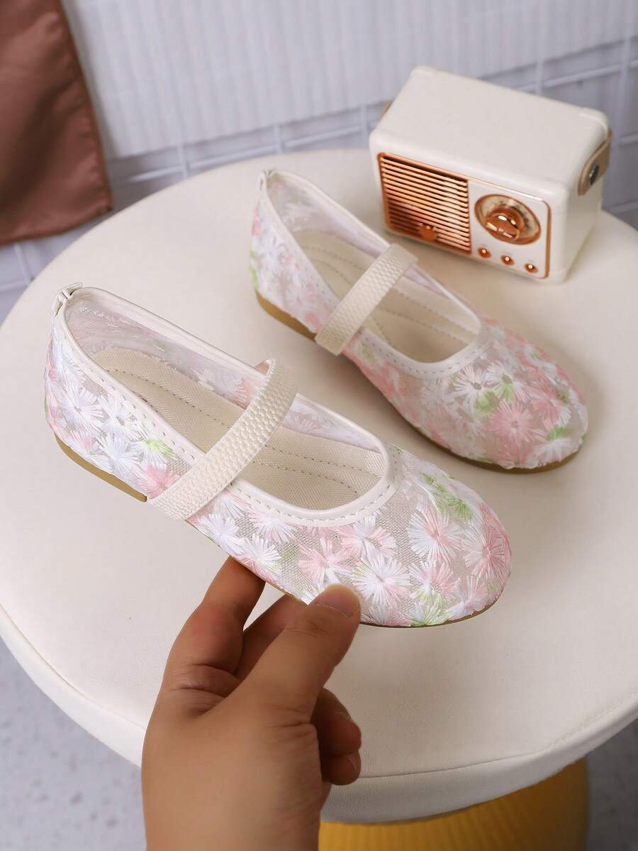 1雙幼女花卉網眼芭蕾平底鞋，蝴蝶結裝飾瑪麗珍鞋，防滑套腳休閒鞋，適合兒童與特殊場合 - 淺粉色 - 查看 1