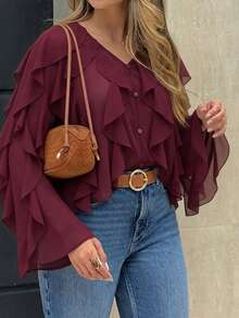 Blusa romántica de gasa con volantes en color vino tinto, camisa transparente con cuello en V y abotonadura, con puños con volantes en capas, informal y formal, ligera - Burdeos - Ver 5