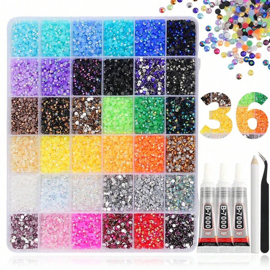 28,000pcs 40 Colors Jelly Rhinestones For Dazzling, Multi-Color Resin Flat Back Gems For Diamond Art, Bedazzler Kit For DIY Book Art - 36 Grids - View 1